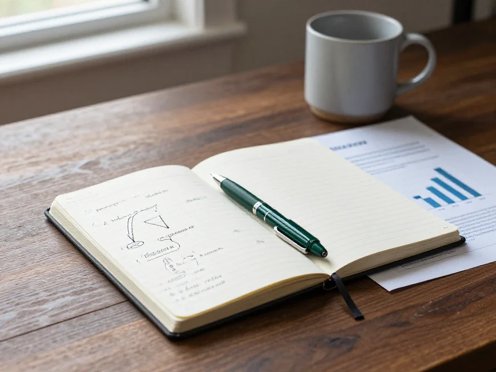 Carnet de notes manuscrites et graphiques marketing illustrant la synthèse d'idées transversales sur un bureau.