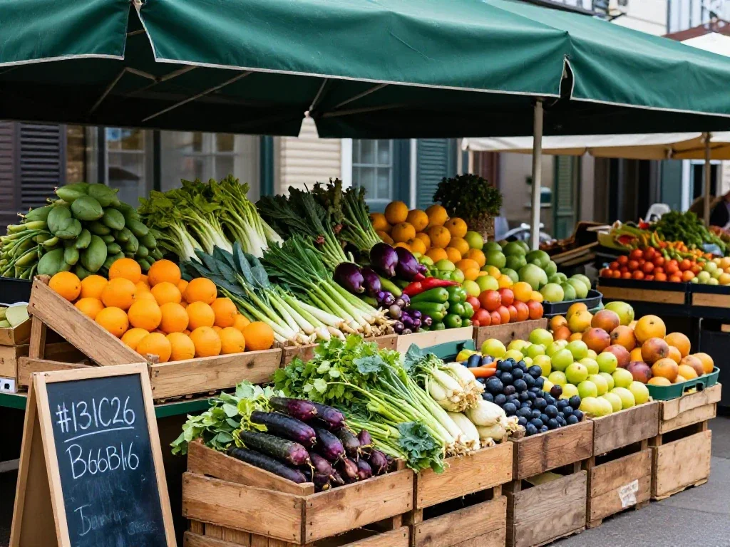 Étal de marché diversifié illustrant la richesse des produits locaux et leurs interconnexions saisonnières.