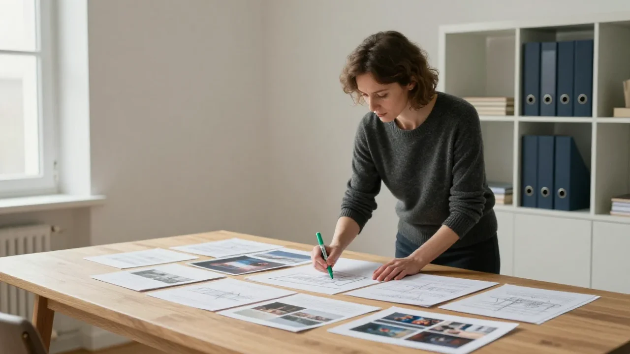 Une experte française relie des documents variés pour illustrer la synthèse d'idées complexes.